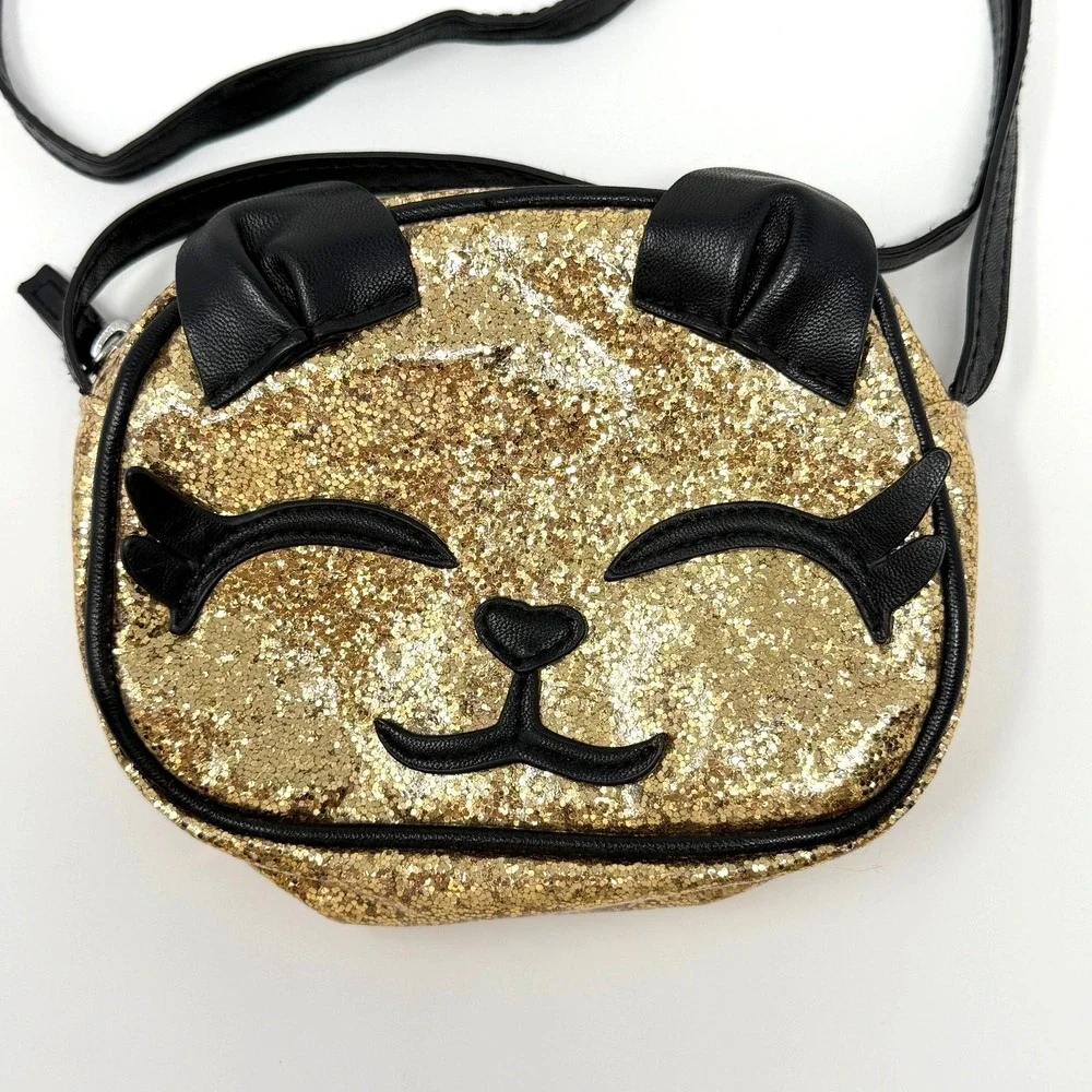 Cat &‎ Jack Cat Face Crossbody Purse Gold Glitter Black Small